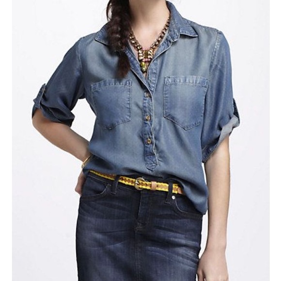 Anthropologie Cloth & Stone Pindot Chambray Shirt - Picture 3 of 7